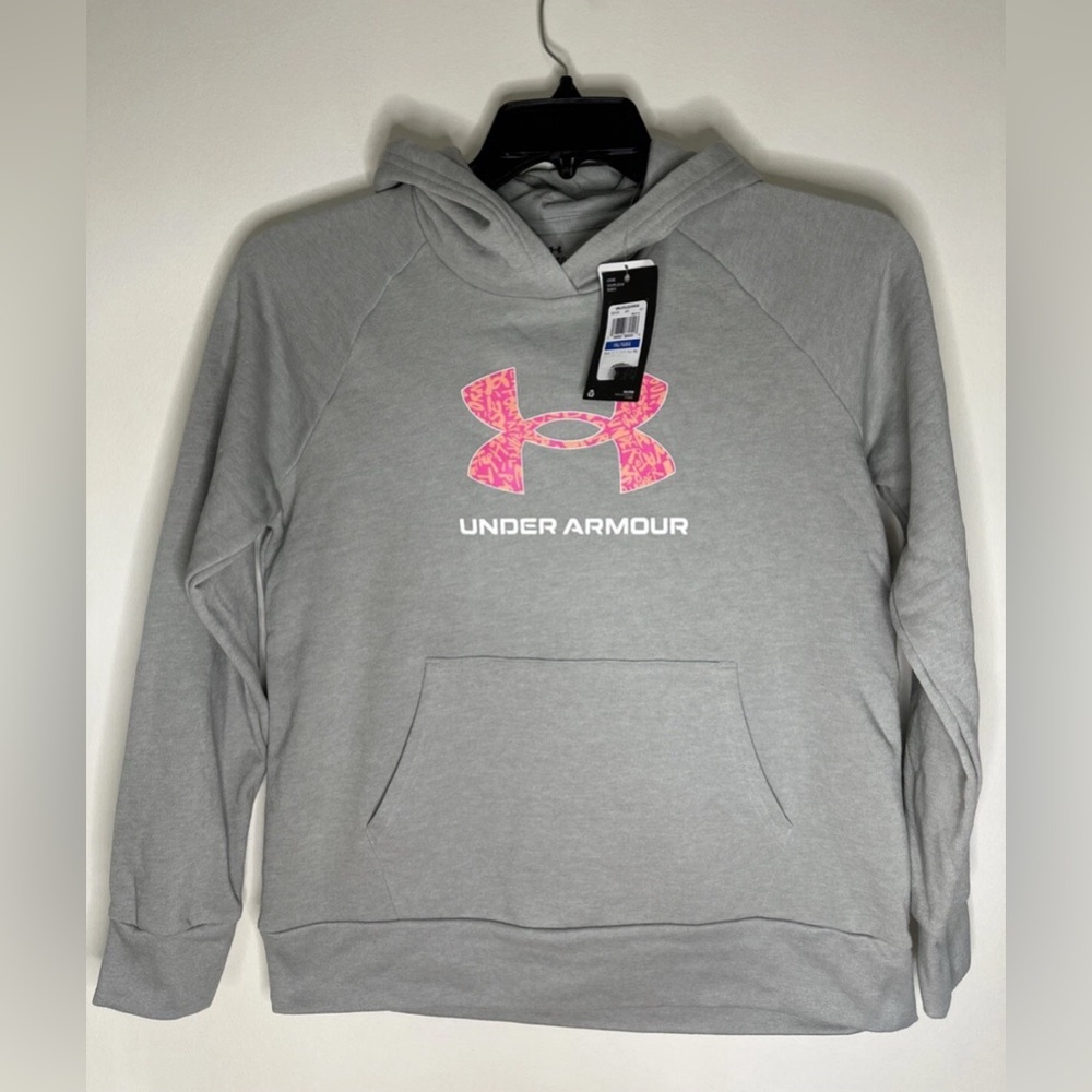 Under Armour Favorite Fleece Hoodie Girls Size YXL  Loose Fit Gray Pink Logo New